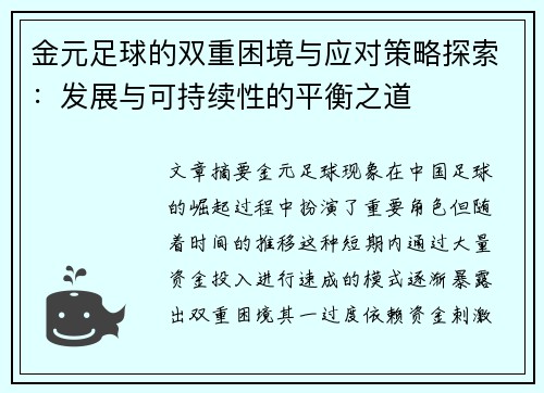 金元足球的双重困境与应对策略探索：发展与可持续性的平衡之道