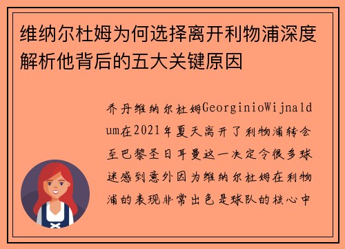 维纳尔杜姆为何选择离开利物浦深度解析他背后的五大关键原因 维纳尔杜姆为何选择离开利物浦深度解析他背后的五大关键原因